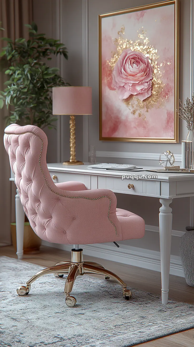 Elegant home office setup with a pink tufted chair, white desk, pink lamp, and a pink rose art piece.