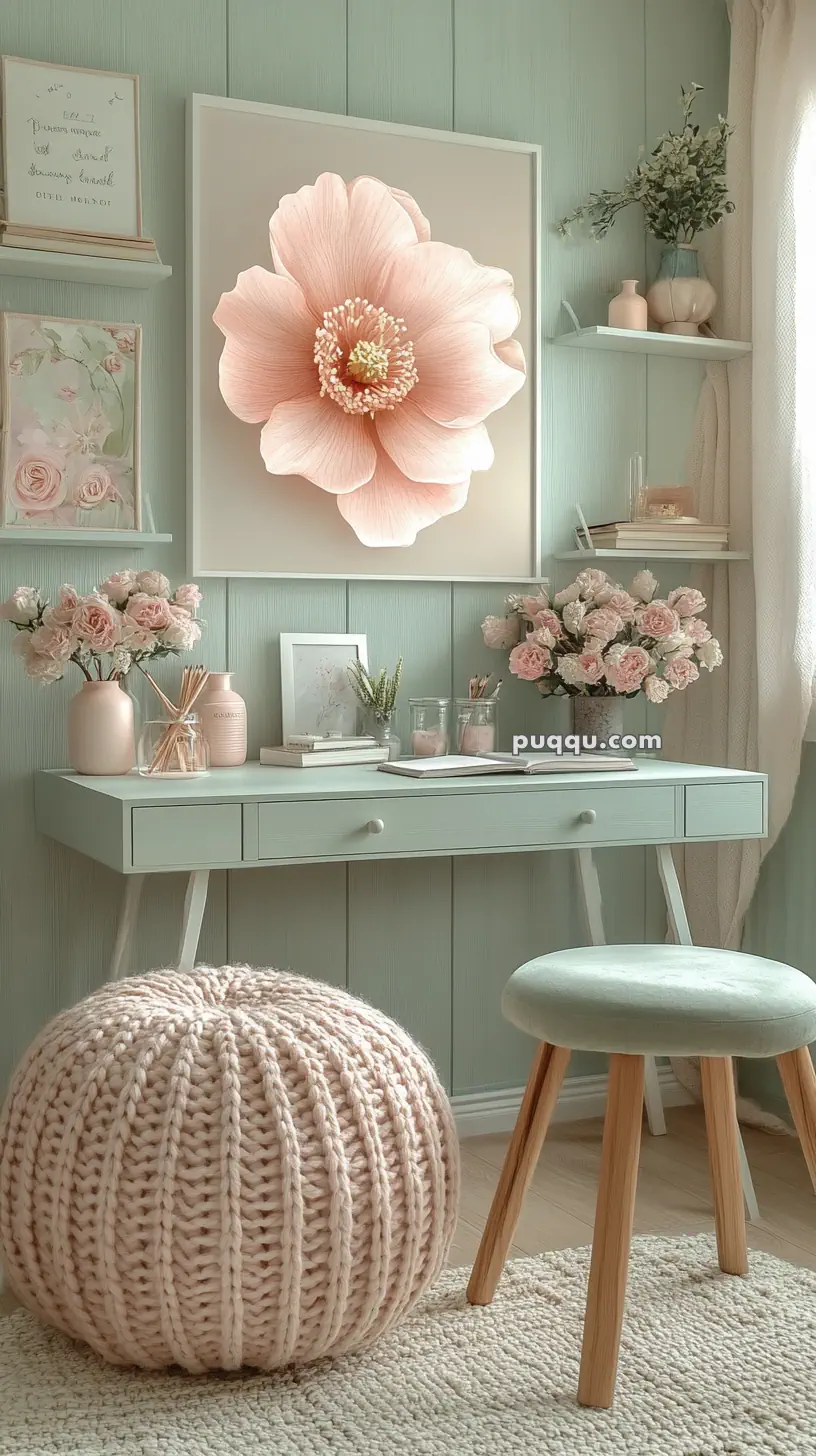 A cozy, pastel-colored room with floral decorations, a large pink flower artwork on the wall, a mint green desk with books and vases, a knitted pouf, and a stool.