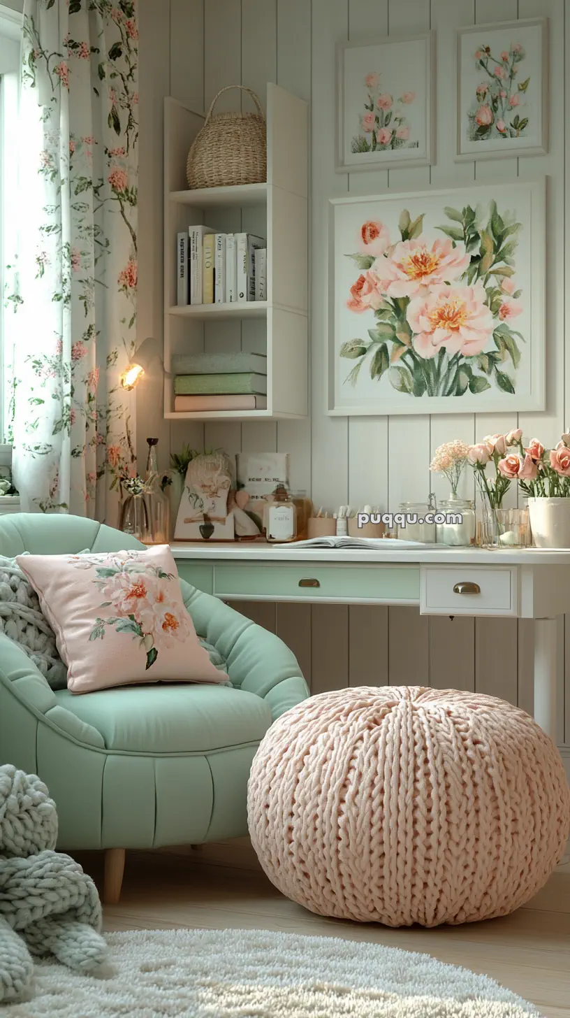 Cozy room with floral decor, mint green chair, and pink knitted pouf.