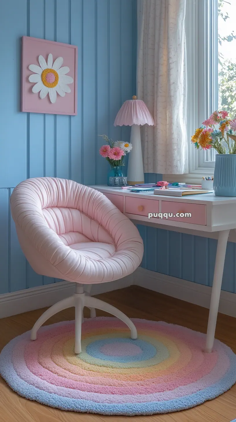 A cozy pastel-themed room with a pink cushioned chair, a rainbow rug, a white desk with pink drawers, and a flower artwork on blue paneled walls.