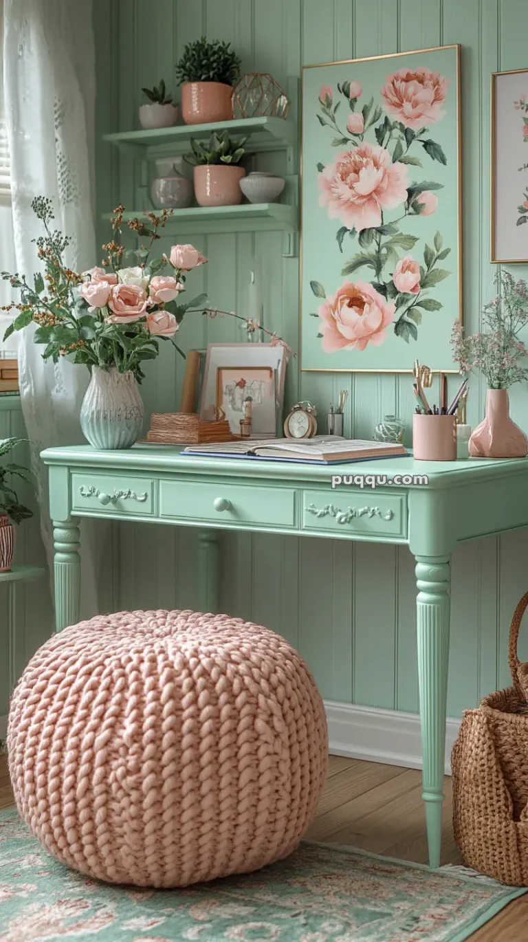 A pastel-themed room with a mint green desk, pink floral decor, and a chunky knit pouf.