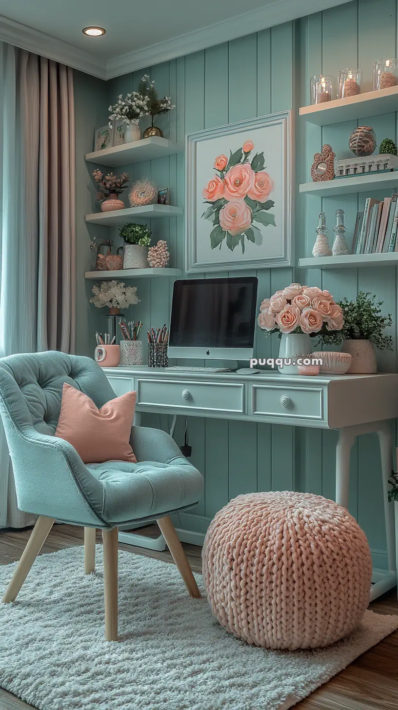 Cozy home workspace with a computer on a desk, surrounded by pastel decor, flowers, and bookshelves.