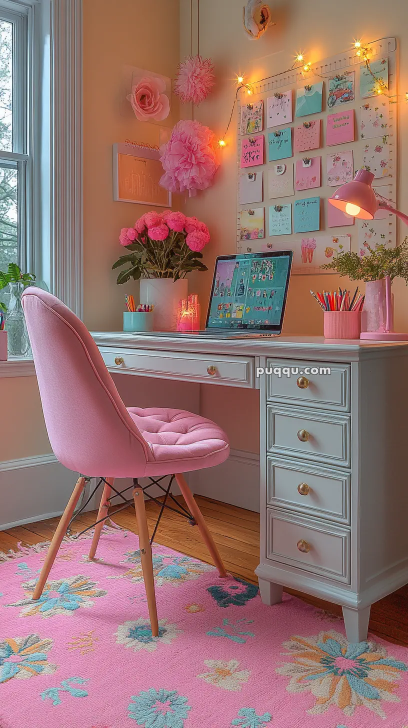 Cozy workspace with a pink chair, a desk decorated with flowers, stationery, and a laptop, featuring a floral rug and string lights.