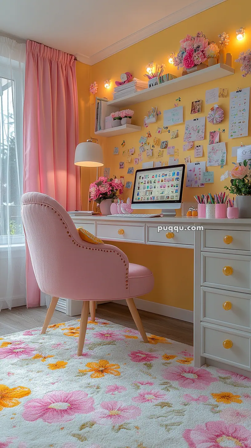 A cozy workspace featuring a pink chair and a white desk against a yellow wall with colorful notes and shelves. Pink curtains and floral decorations complement the bright, inviting theme.