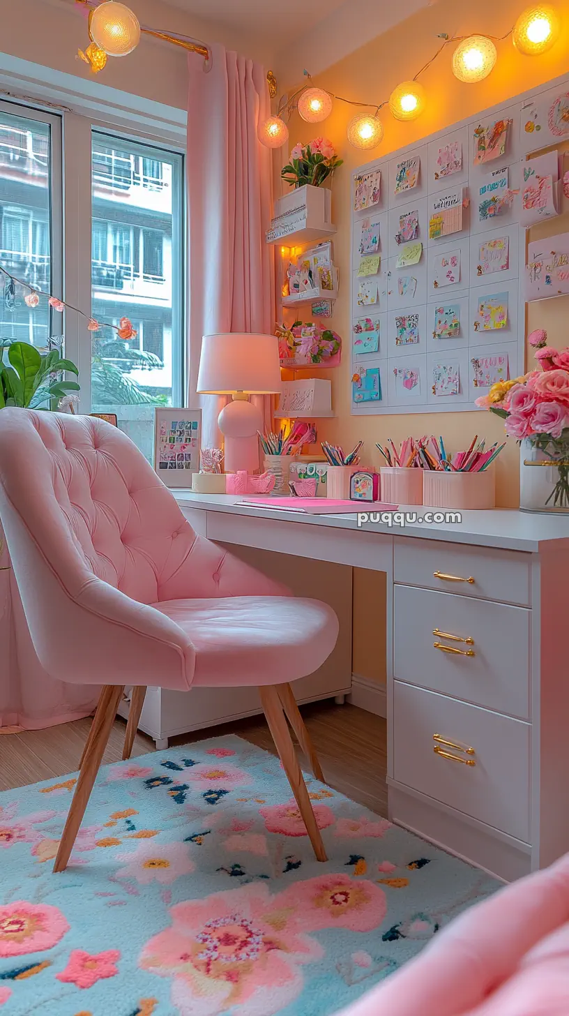 Cozy, pastel-themed home office with pink accents, a white desk, a plush pink chair, floral rug, and string lights, featuring art on the wall.