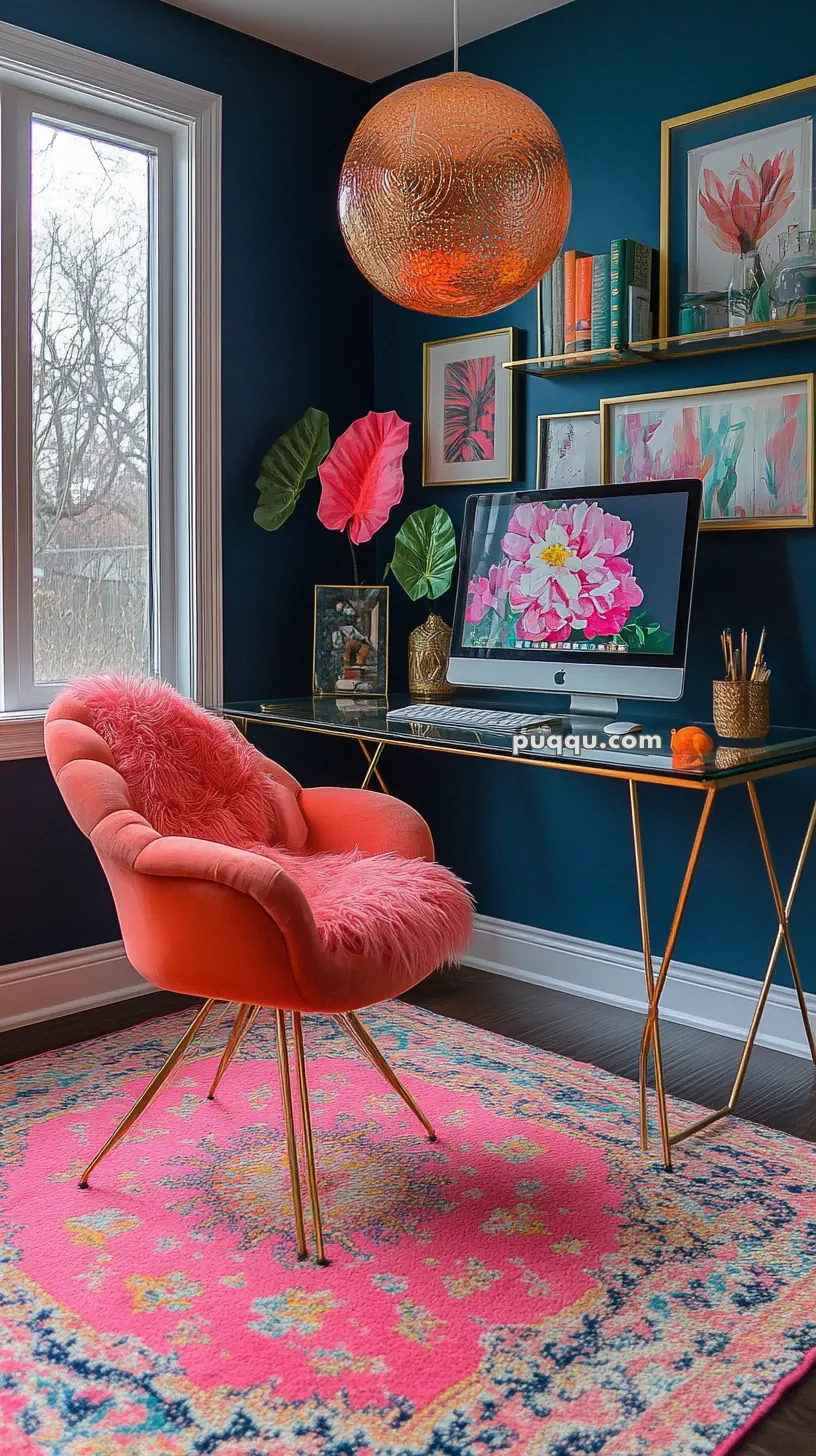 Colorful home office with a pink furry chair, glass desk, large iMac displaying floral art, vibrant artwork on dark teal walls, and a pink patterned rug.