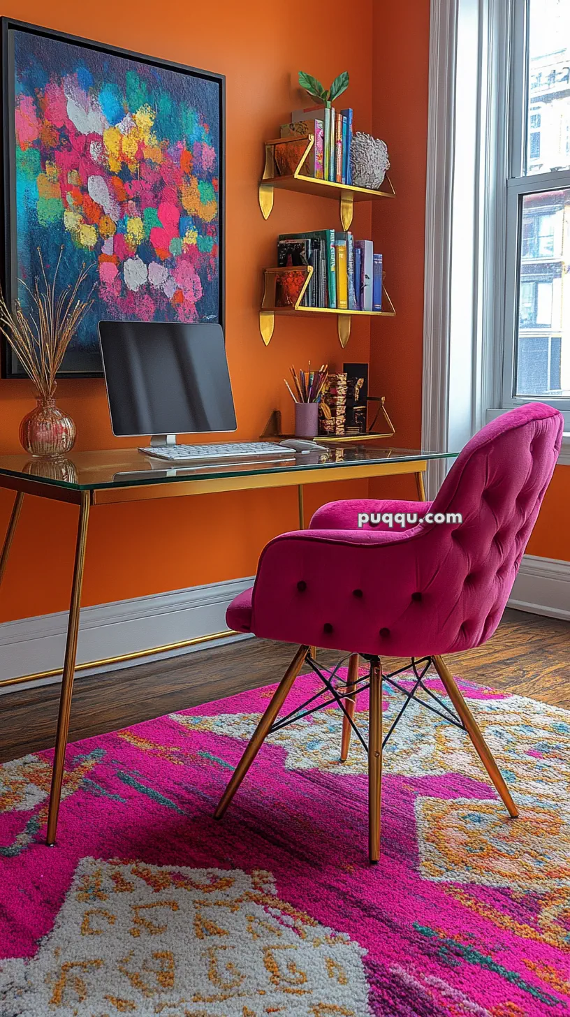 A vibrant home office with an orange wall, colorful abstract painting, glass desk, and pink upholstered chair.