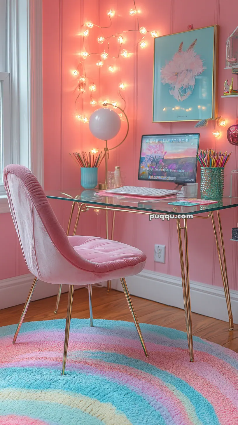 A pink-themed workspace with a velvet chair, glass desk, string lights, colorful artwork, and a pastel rainbow rug.