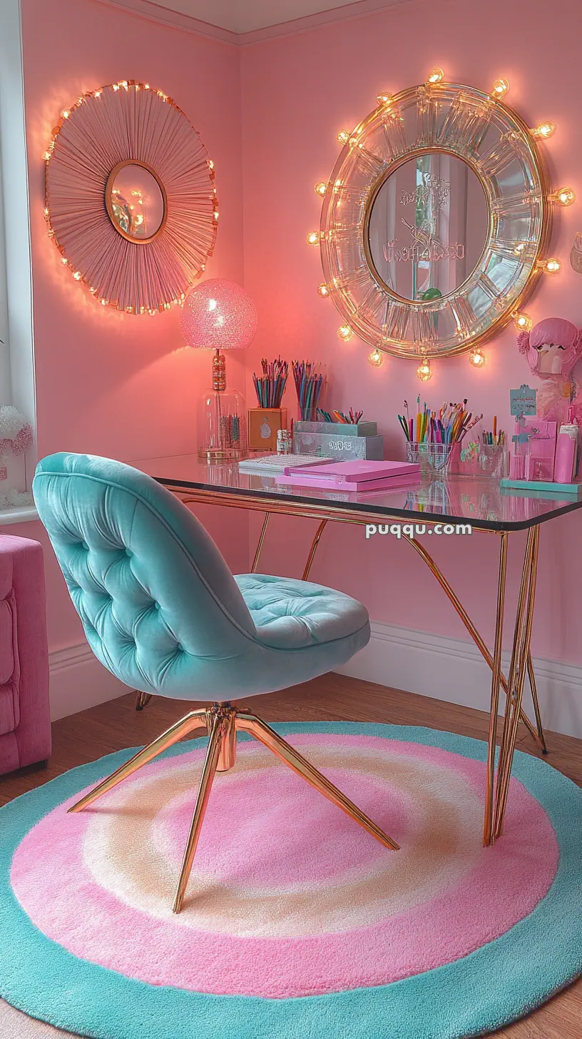 A feminine home office setup with a turquoise chair, glass desk, and decorative lighting on pink walls, featuring circular mirrors and stationery arranged neatly.