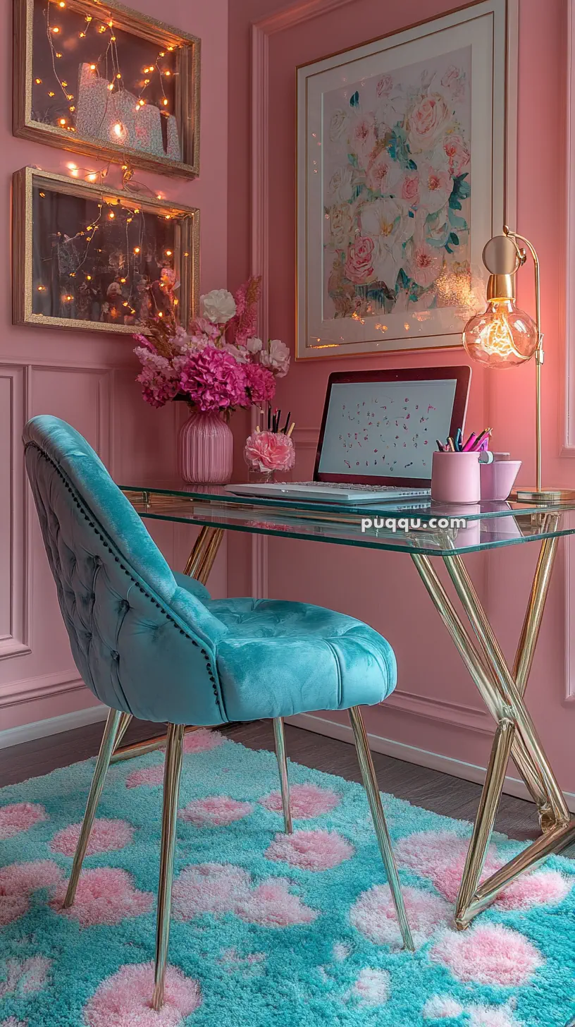 A stylish pink home office setup with a glass desk, blue velvet chair, floral decor, laptop, string lights, and a colorful rug.