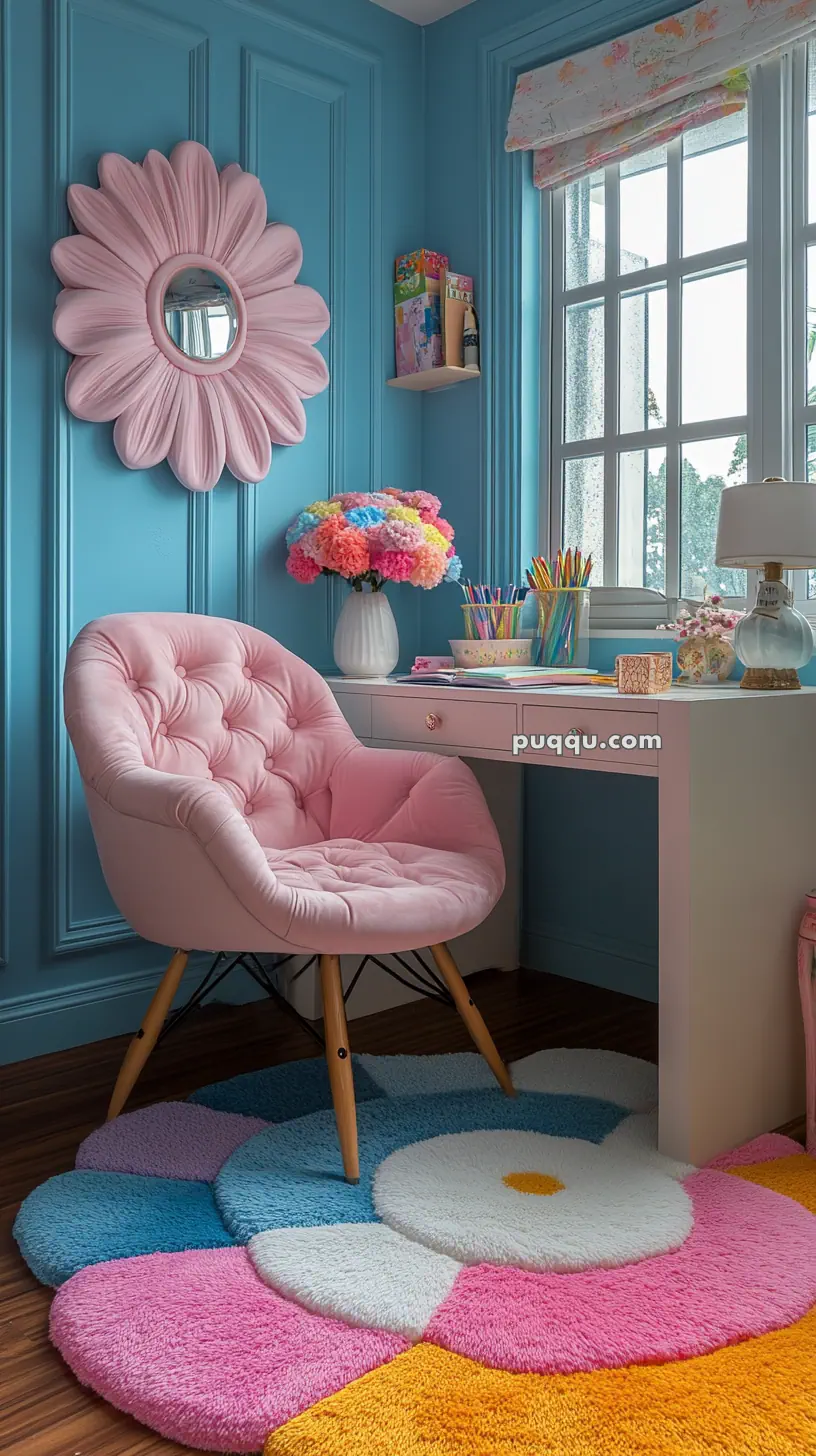 Cozy room with a blue wall, pink armchair, desk, and flower-shaped mirror. Colorful pom-pom flowers in a vase, art supplies, and patterned rug on the floor.