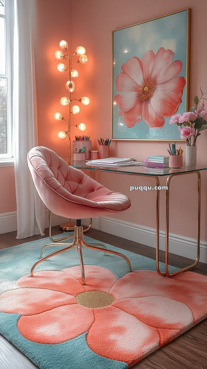 A stylish home office with a pink chair, glass desk, floral artwork, and a matching flower-patterned rug.