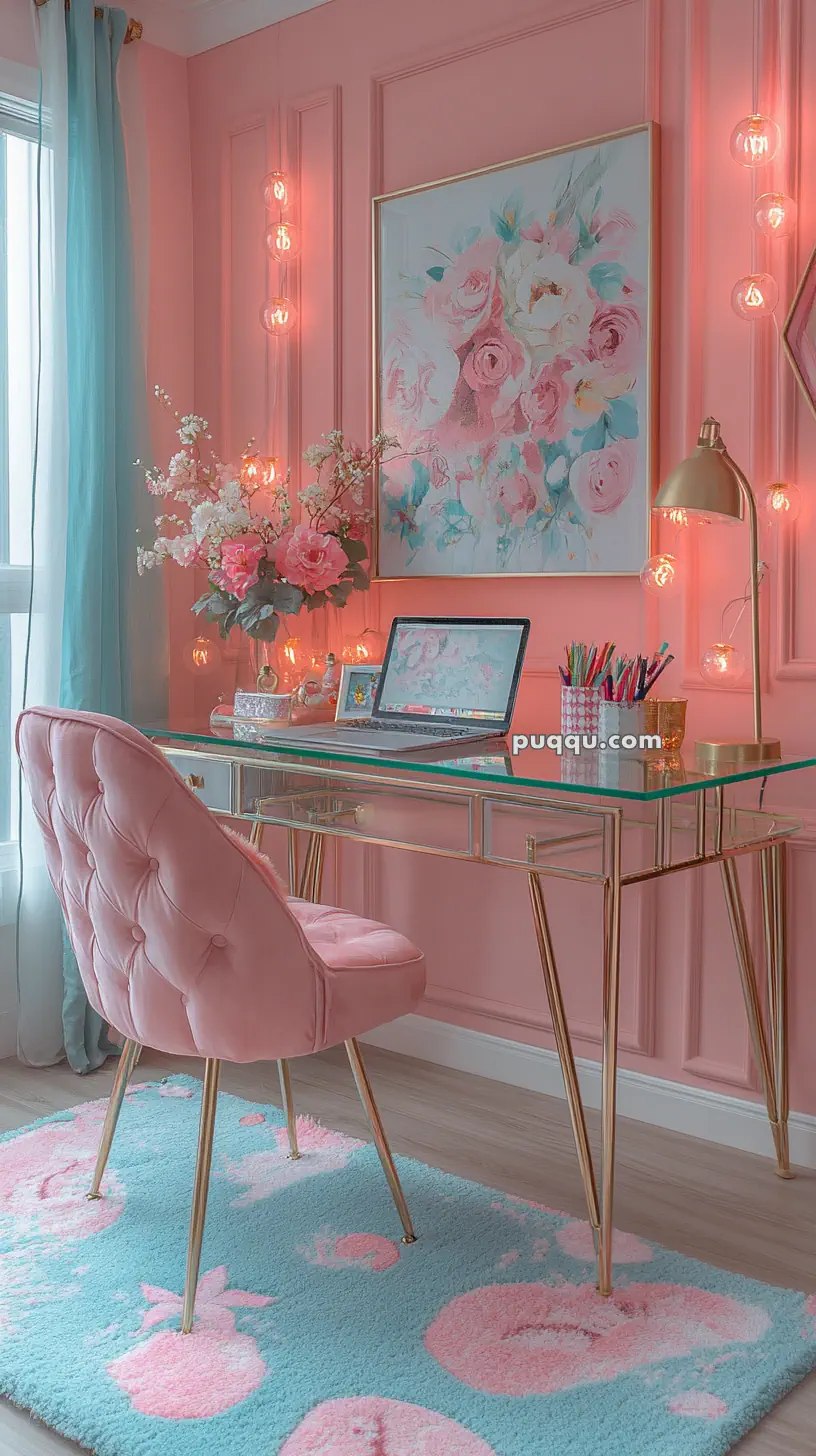 A stylish pink home office with a glass desk, plush pink chair, floral artwork, and decorative lighting.