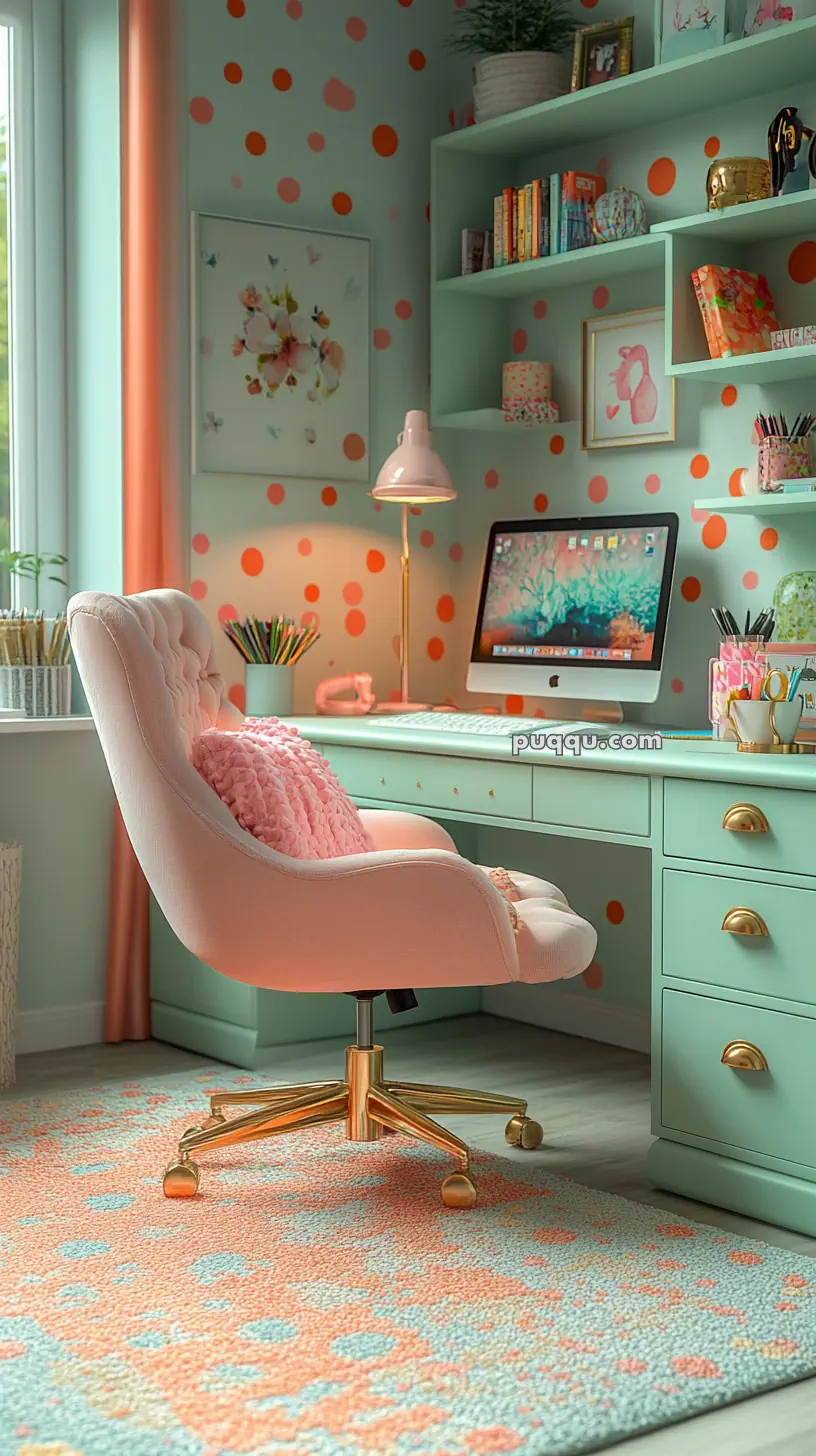 A pastel-colored home office with mint green furniture, coral polka-dot walls, a pink tufted chair, and a patterned rug. An iMac sits on the desk surrounded by decorative items and bookshelves.