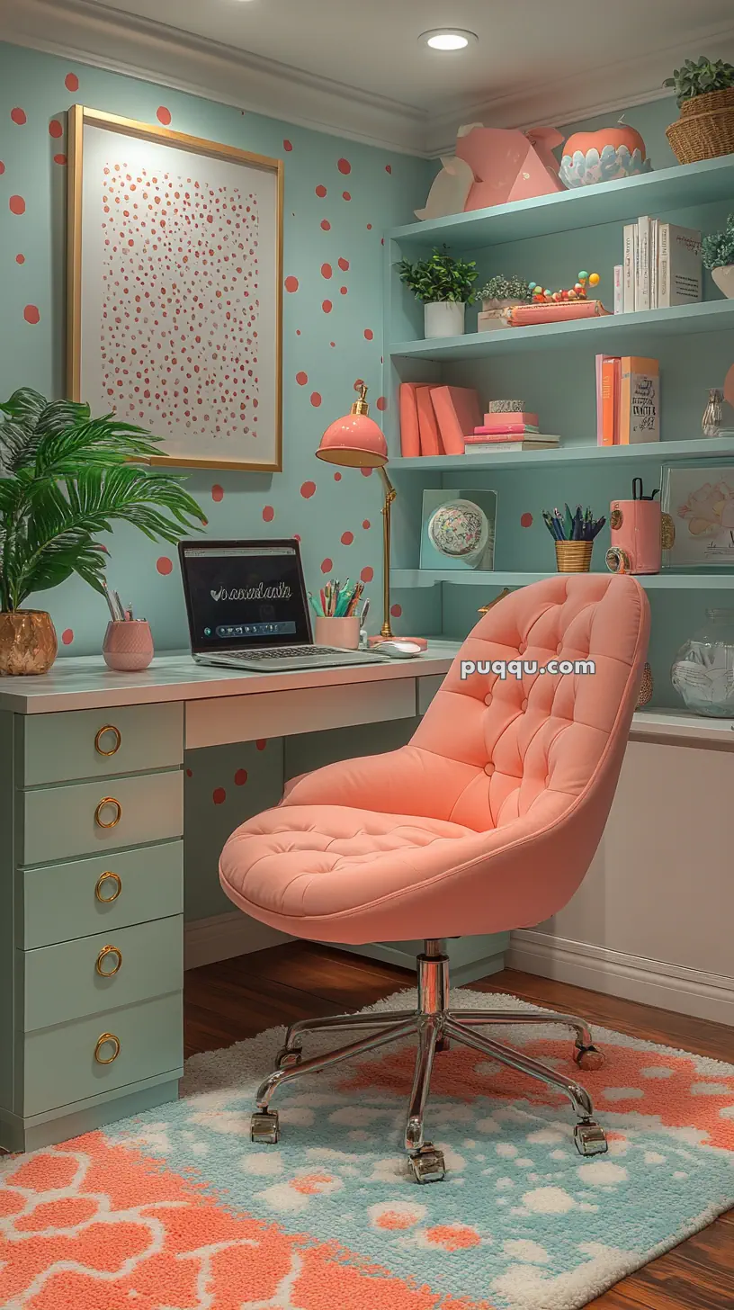 Colorful home office space with a pink swivel chair, teal desk, laptop, bookshelves, and decorative items.