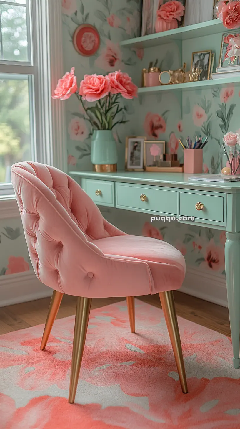 Pink velvet chair with gold legs in a floral-themed home office with a mint green desk and matching floral wallpaper.