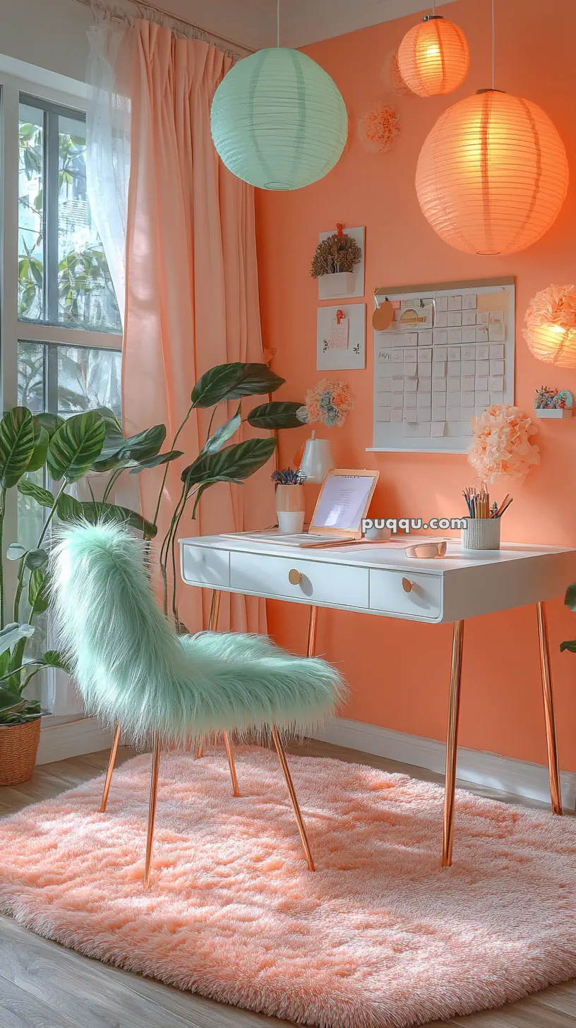 Stylish workspace with a fluffy mint green chair, coral walls, paper lanterns, and a white desk with a laptop and decorations.