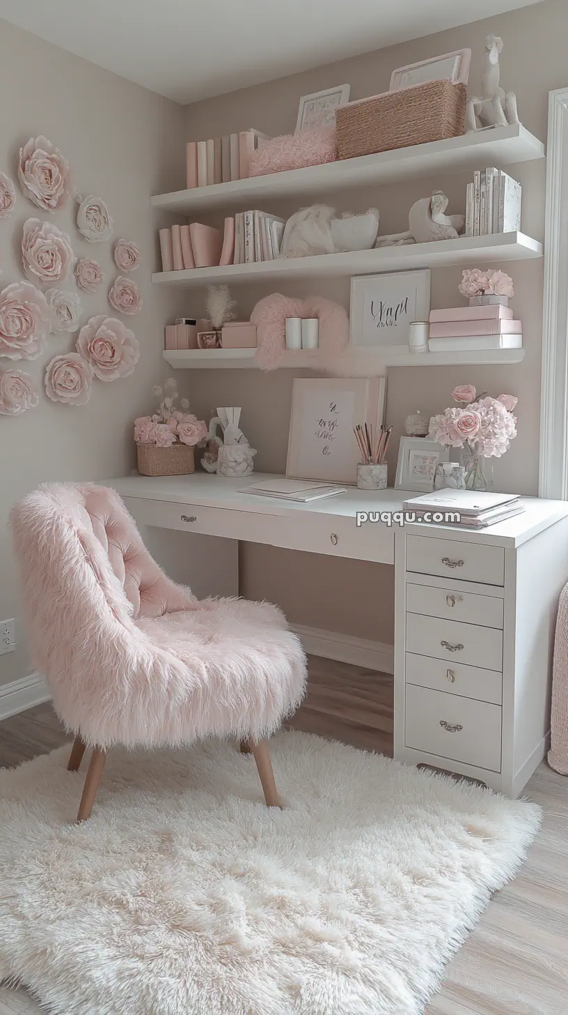 A cozy, feminine home office with a fluffy pink chair, white desk, decorative shelves, and pastel accents.