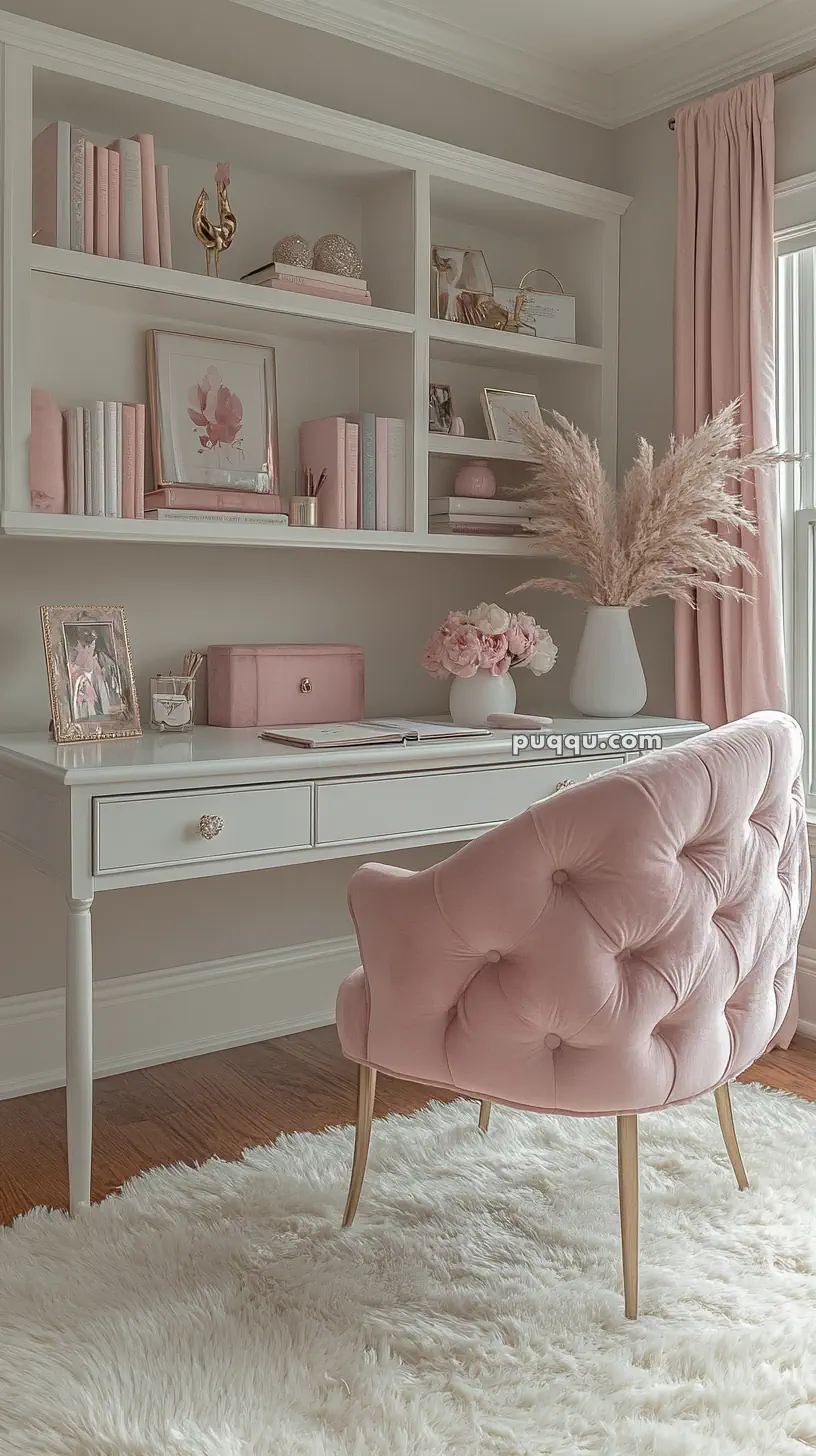 A cozy home office with a white desk and pink tufted chair, featuring shelves with books, decorative items, and a vase of pampas grass on the desk.