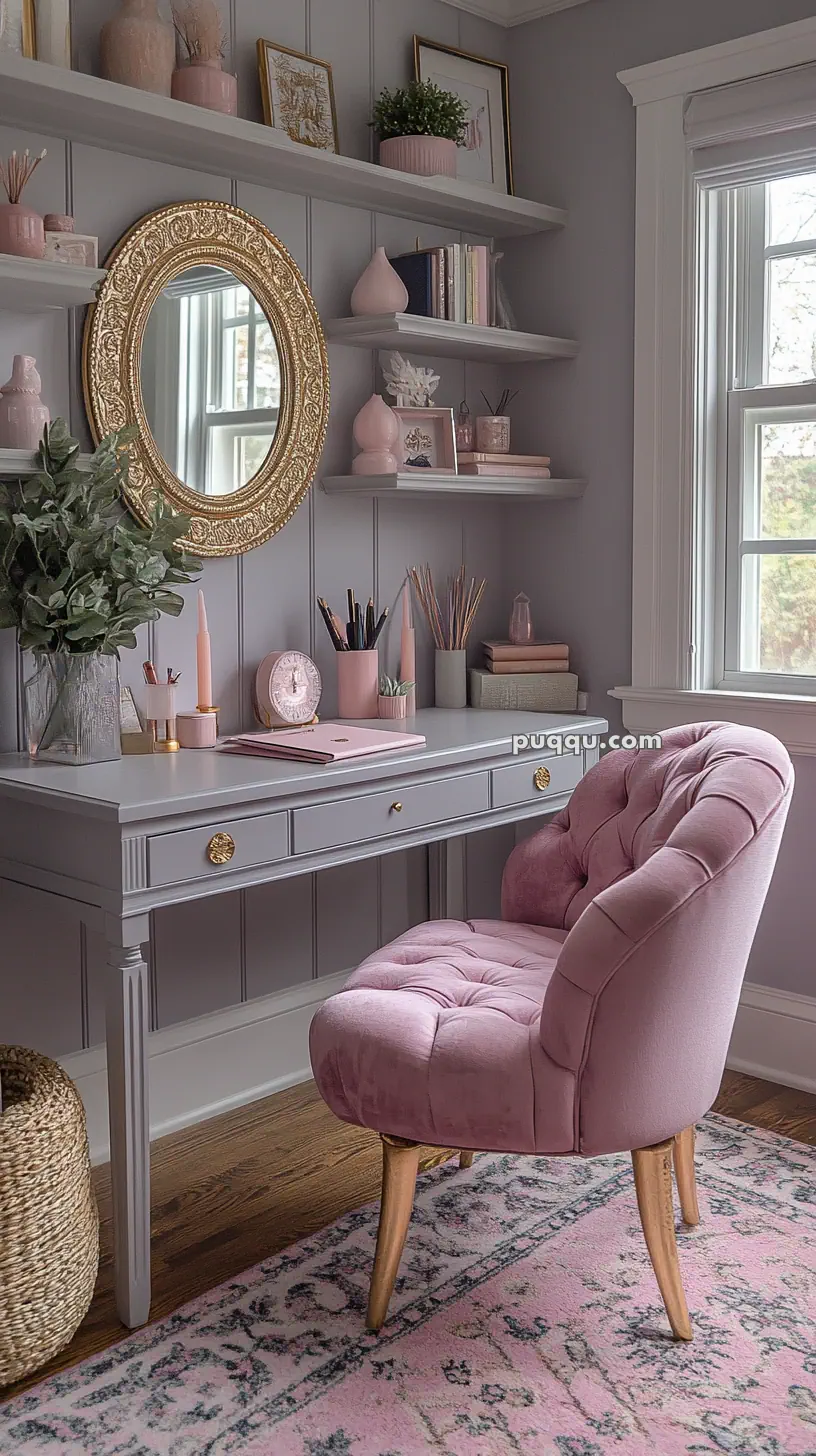 Elegant pink and gray home office with a tufted chair, ornate mirror, and decorative shelves.