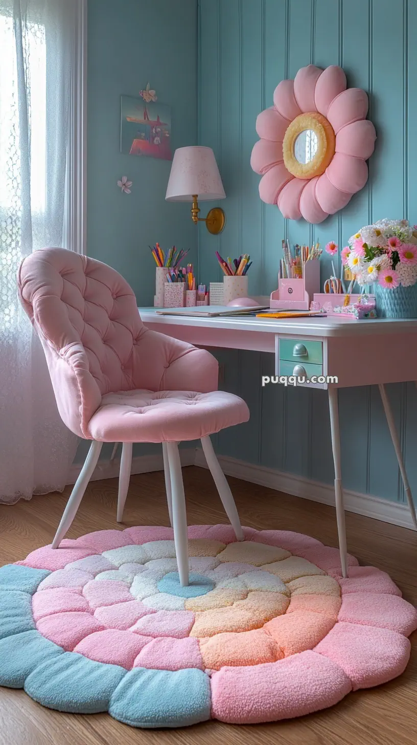 A pastel-themed study nook with a pink cushioned chair, a desk adorned with colorful stationery, and a plush flower-shaped rug on wooden flooring.