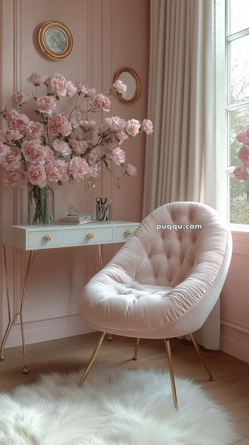 Cozy room with a plush pink chair, a white desk with gold accents, pink flowers, and a fluffy rug by a window.