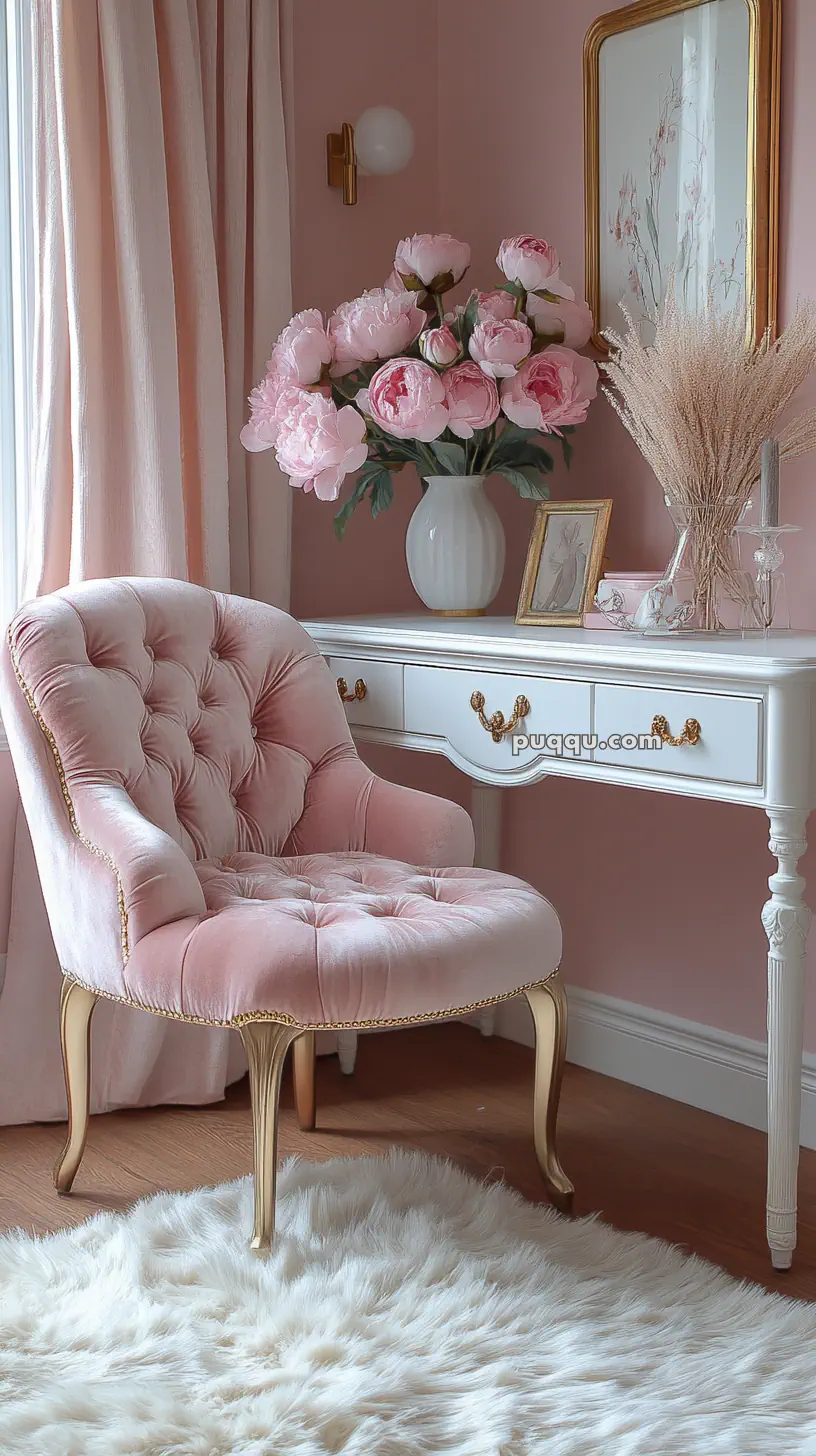 Elegant pink and white room with a plush pink chair, white desk, vase of pink flowers, and a fluffy white rug.