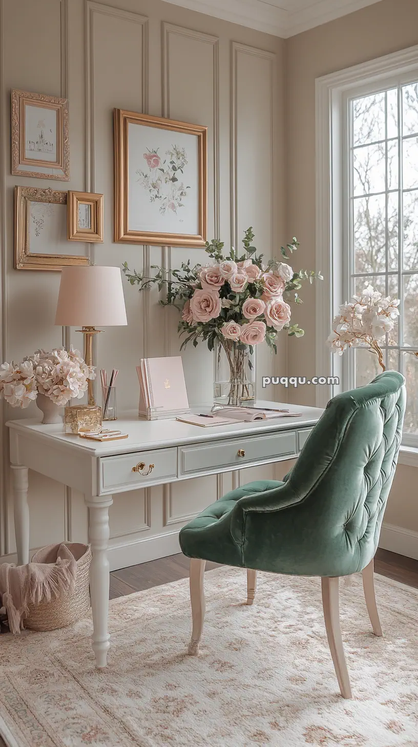 Elegant home office with a green velvet chair, a white desk adorned with pink roses, framed botanical artwork, and a large window providing natural light.