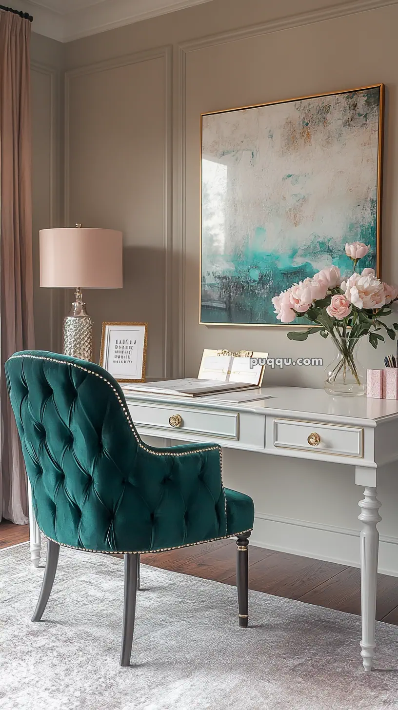 Elegant home office with a green tufted chair, white desk, lamp, abstract painting, and vase of pink flowers.