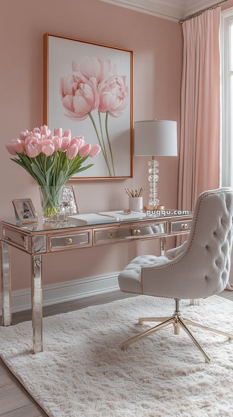 Elegant home office with a mirrored desk, a tufted chair, pink tulips in a vase, and a lamp. The walls are painted pink, complemented by a floral artwork and soft curtains.