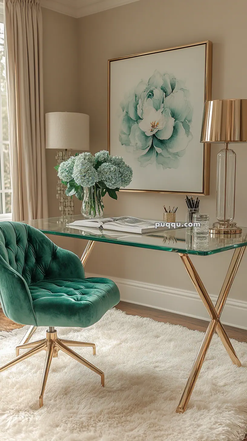 Elegant home office with a glass desk, green velvet chair, gold accents, a floral painting, and a vase of hydrangeas.