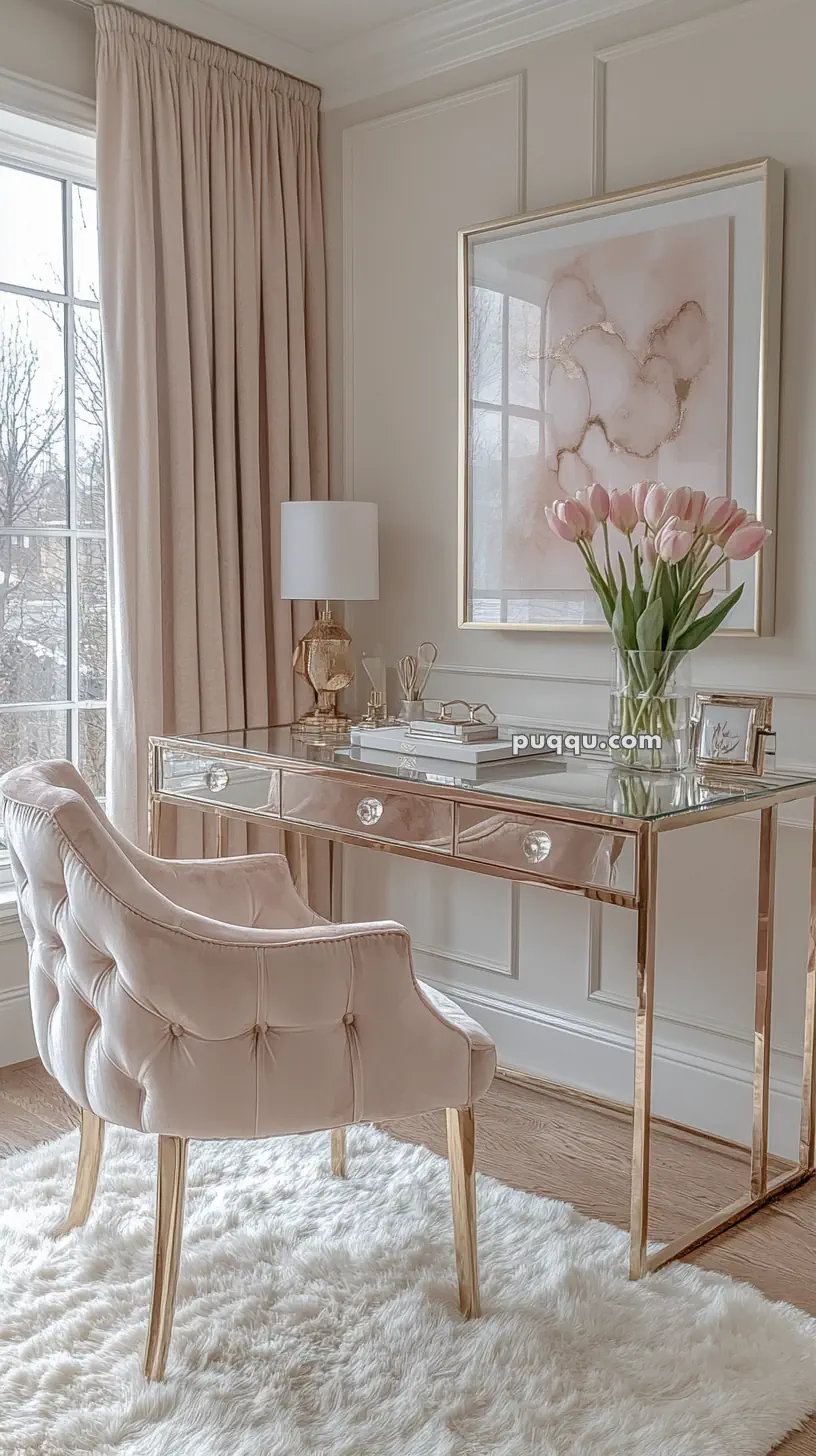 Elegant home office with a mirrored desk, tufted chair, beige curtains, pink tulips in a vase, and abstract art on the wall.