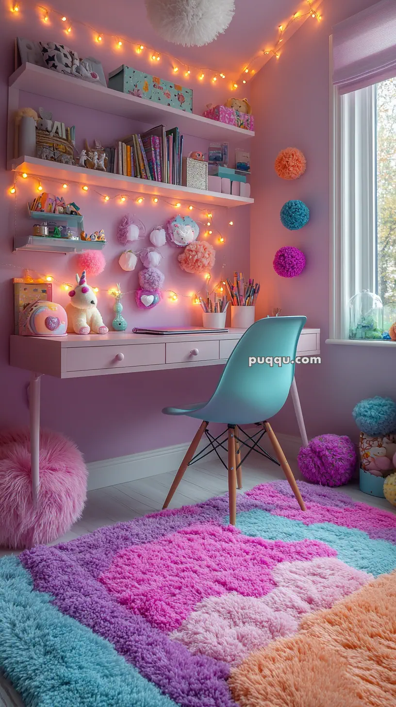 A colorful, cozy bedroom corner with a pink desk, chair, shelves, books, fairy lights, plush toys, and a fluffy multicolored rug.