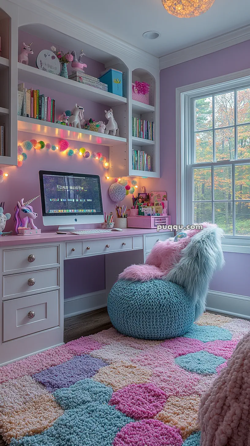 Colorful, cozy room with a pink and purple theme, featuring a desk with a computer, unicorn decorations, bookshelves, and a fluffy chair facing a window.