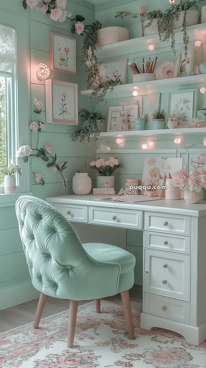 A pastel mint green and white home office with a tufted chair, floral wall decor, shelves with plants, books, and string lights.