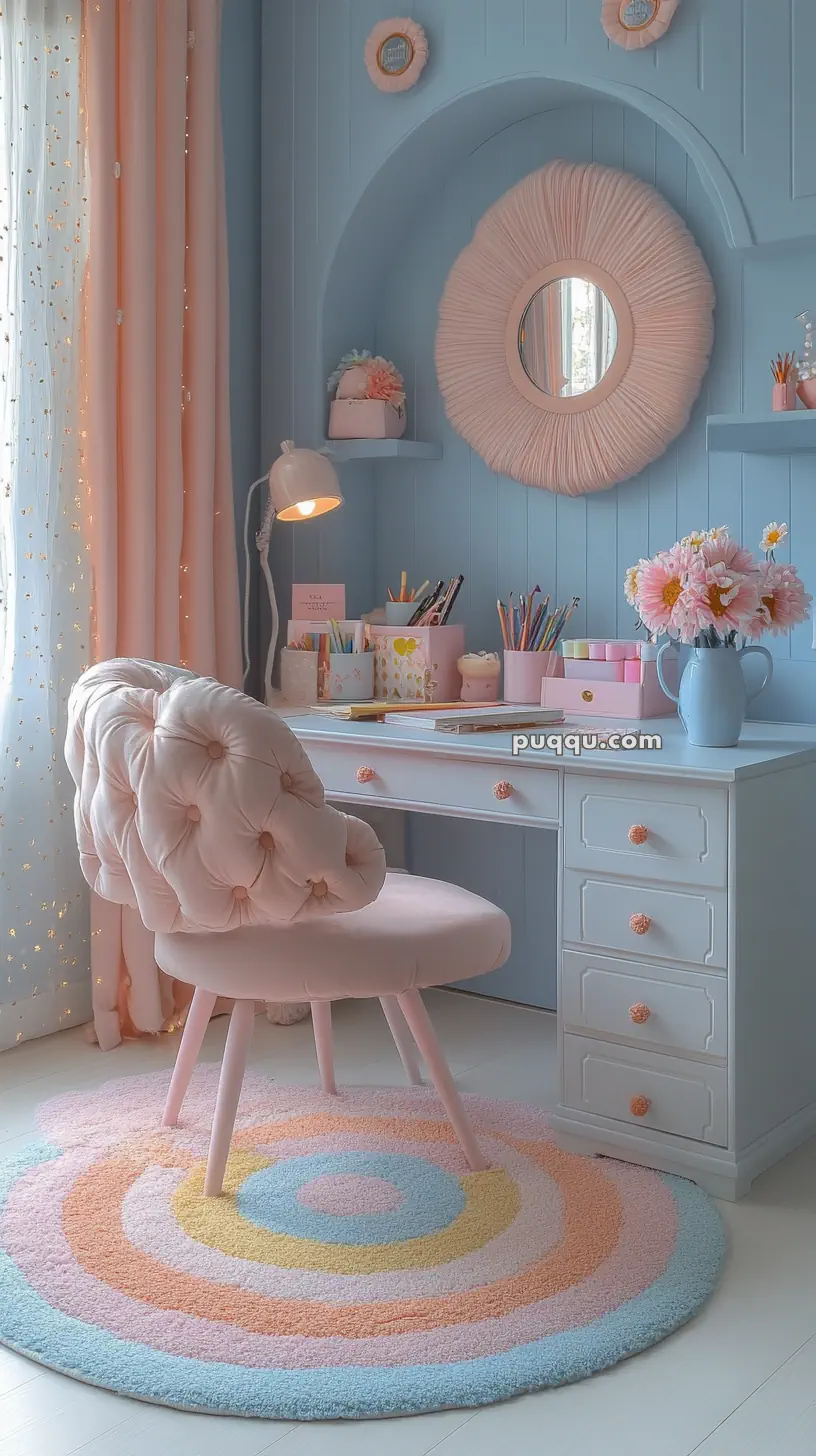 Cozy pastel-themed workspace with a tufted chair, soft lighting, decorative pink mirror, colorful supplies, and a round rainbow rug.