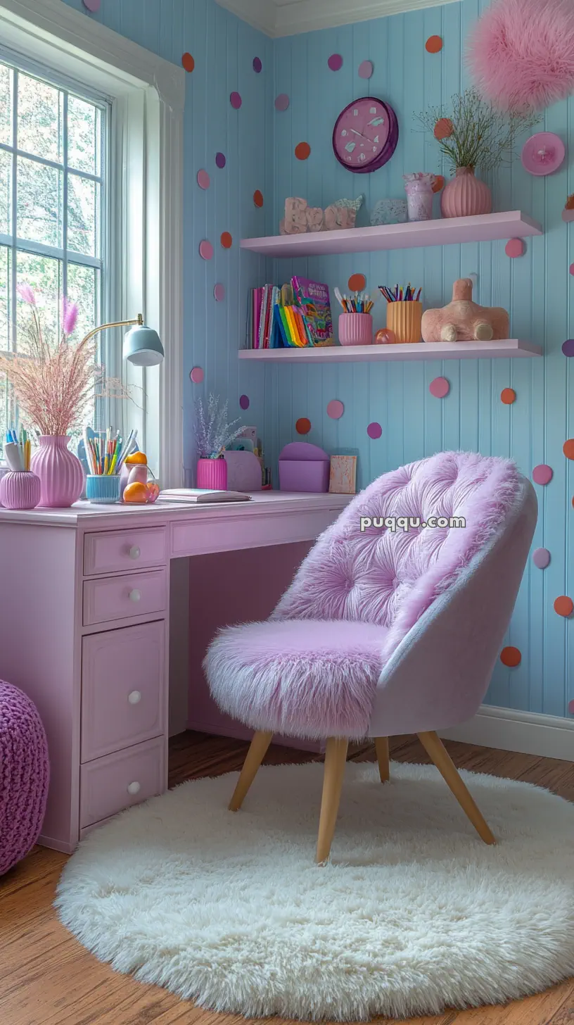 A cozy, pastel-themed study area with a pink fluffy chair, a desk, pink shelves with books and decor, and colorful wall polka dots, next to a window with natural light.