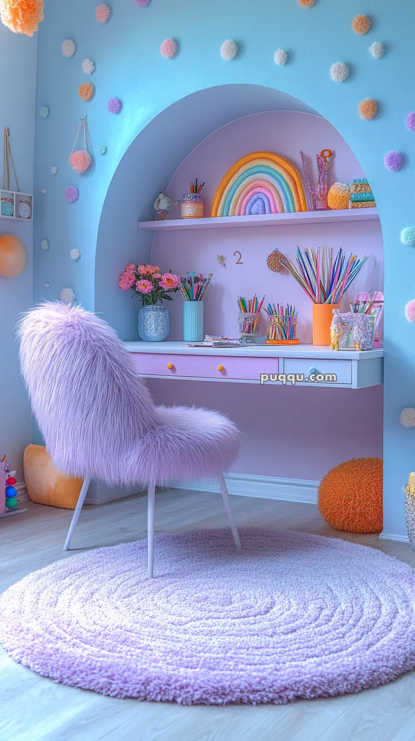 Colorful and cozy kid's study nook with a fluffy purple chair, pastel rainbow decor, and pom-pom wall decorations.