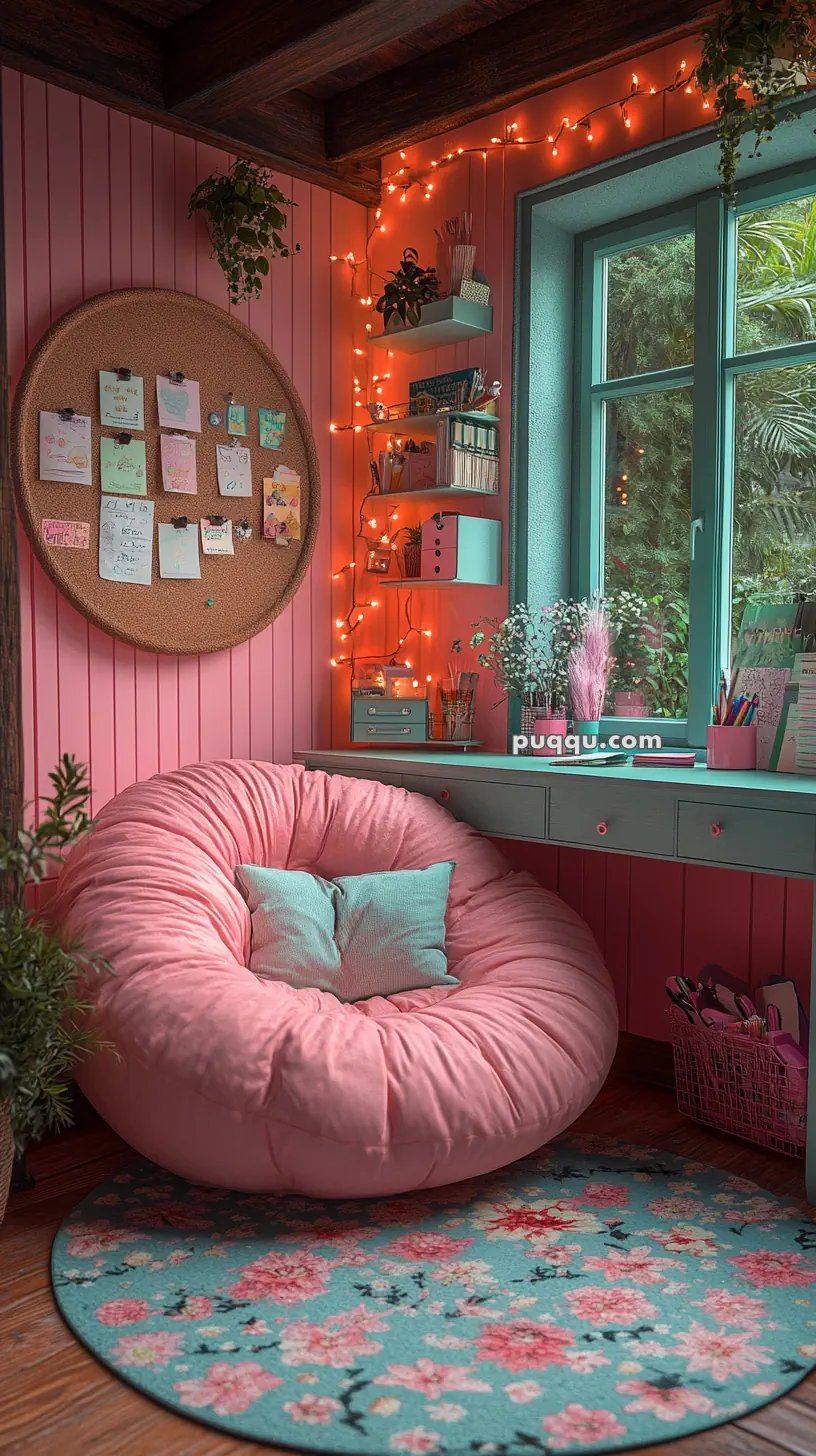 Cozy corner with a large pink bean bag chair, floral rug, and decorated pink walls; a window with plants and shelves, adorned with string lights.