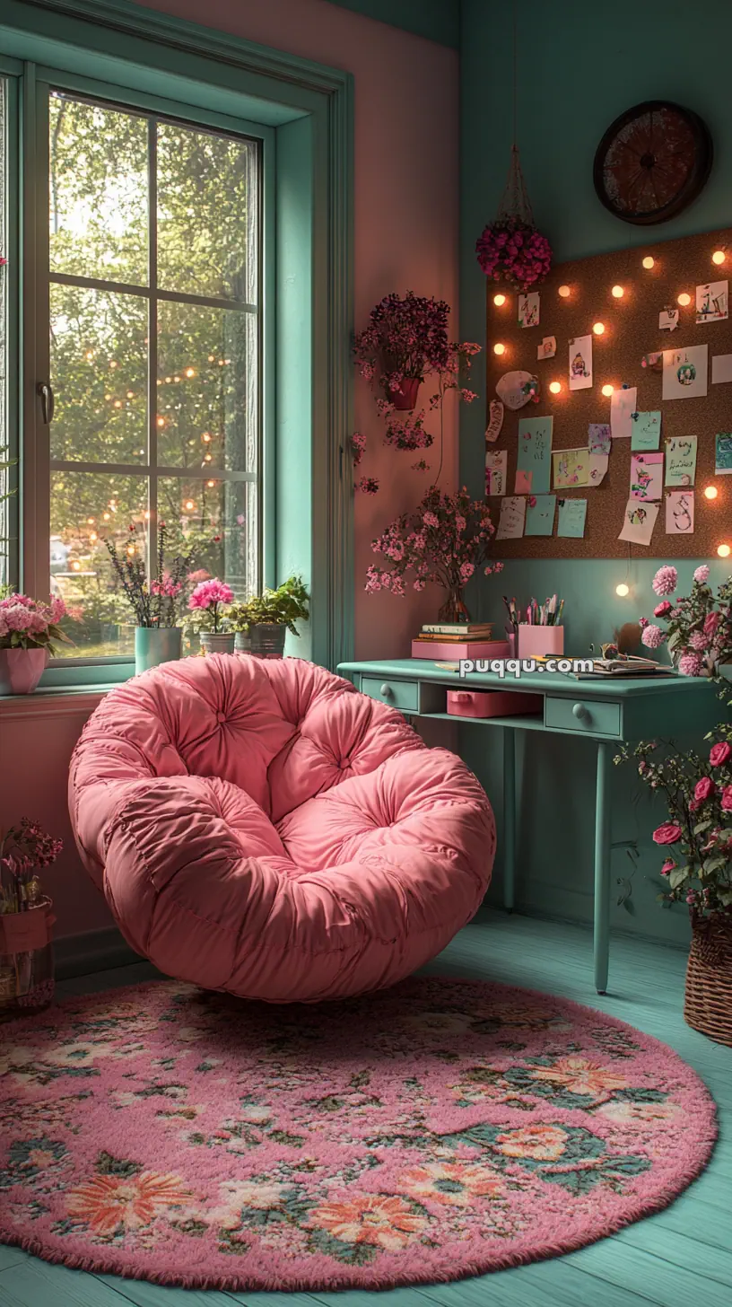 A cozy room with a pink papasan chair, floral rug, and teal desk under a window. Wall covered with notes and string lights.