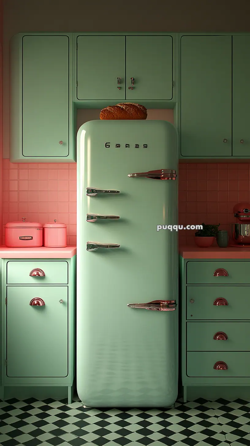 Retro-style kitchen with mint green cabinets and appliances, a bread loaf on top of the refrigerator, and black-and-white checkered floor.