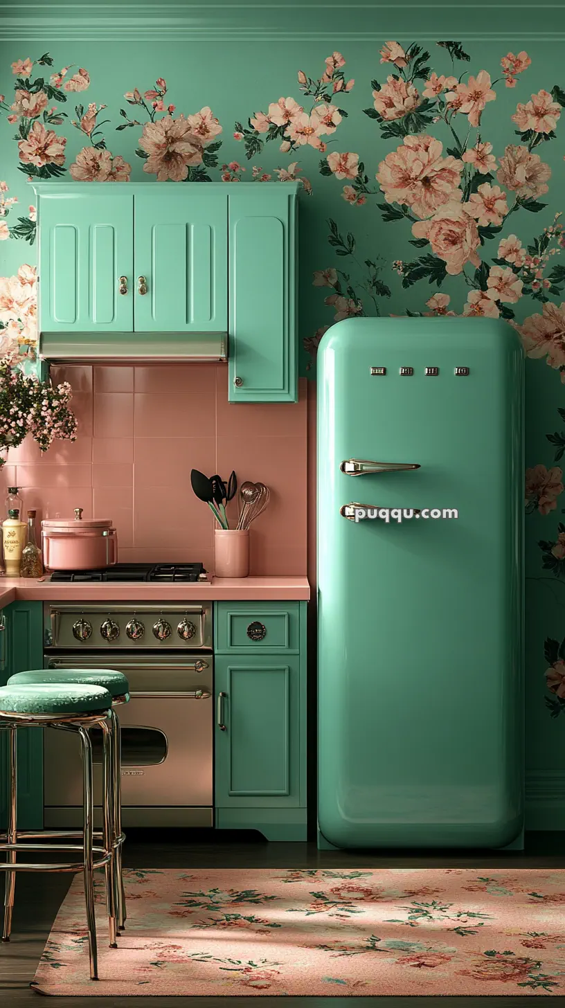 Vintage-style kitchen with mint green cabinets and refrigerator, floral wallpaper, and pink accents.