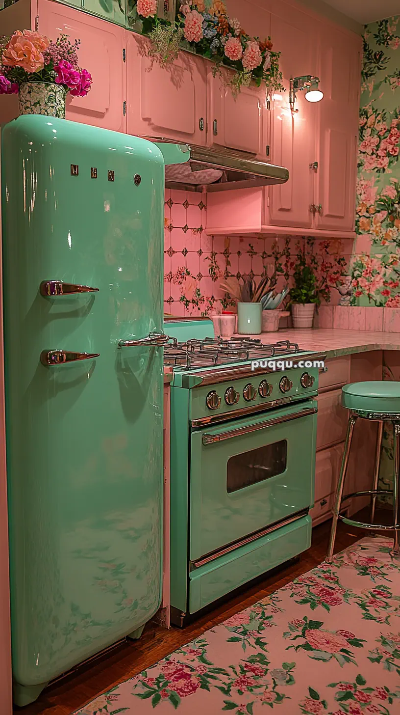 Retro-style kitchen with a mint green fridge and oven, pink cabinets, floral wallpaper and rug, and decorative flowers on top of the cabinets.