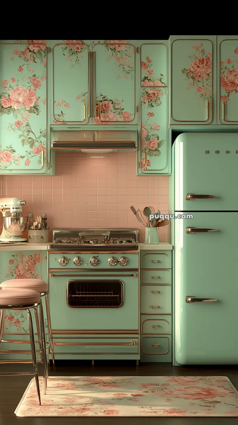 Vintage kitchen with pastel green cabinets and appliances, floral patterns, and a pink tiled backsplash.