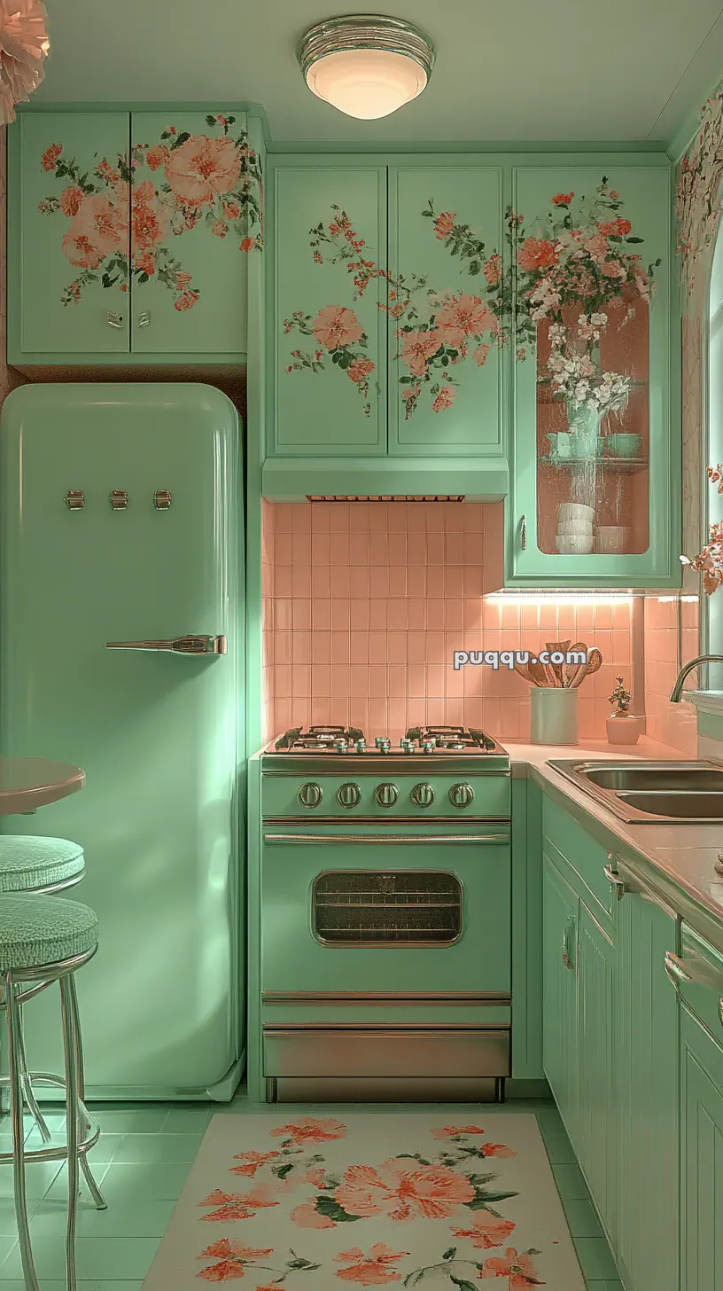 Retro-style kitchen with mint green cabinets, floral decorations, matching fridge, and stove.