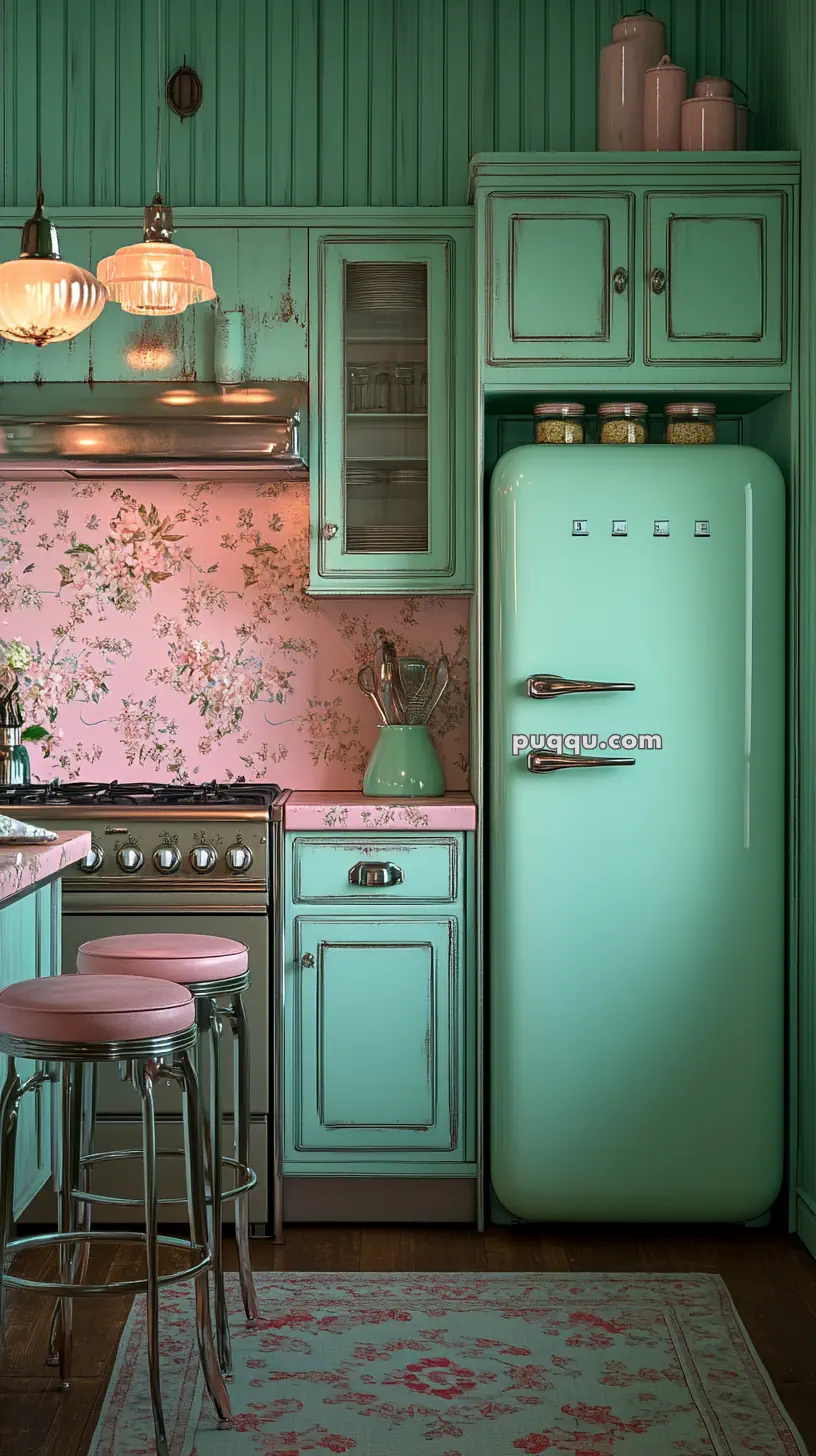 Vintage-style kitchen with mint green cabinets and refrigerator, pink floral wallpaper, and matching bar stools.