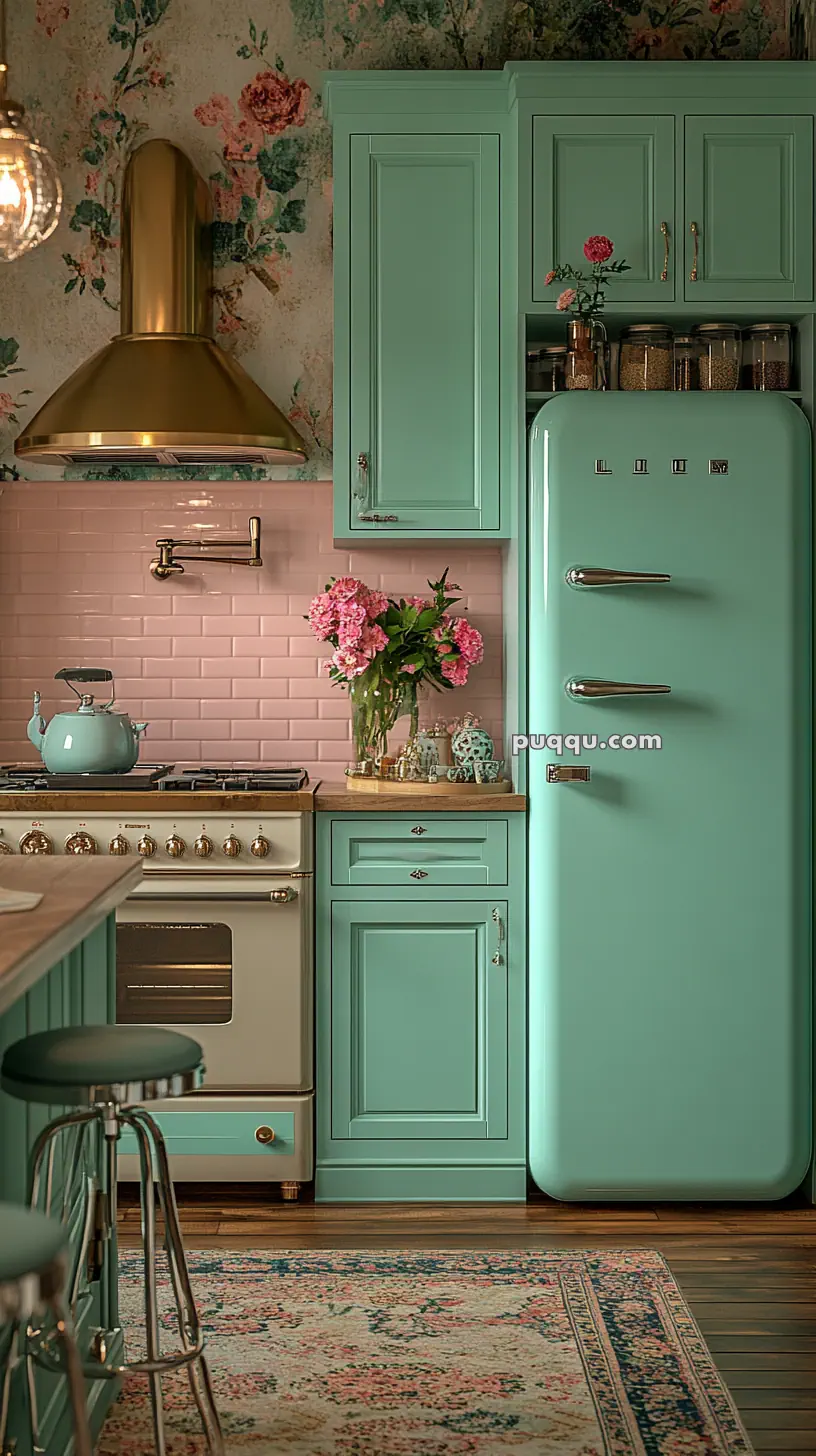 Retro-style kitchen with mint green cabinets and fridge, pink brick backsplash, brass fixtures, floral wallpaper, and a bouquet on the counter.