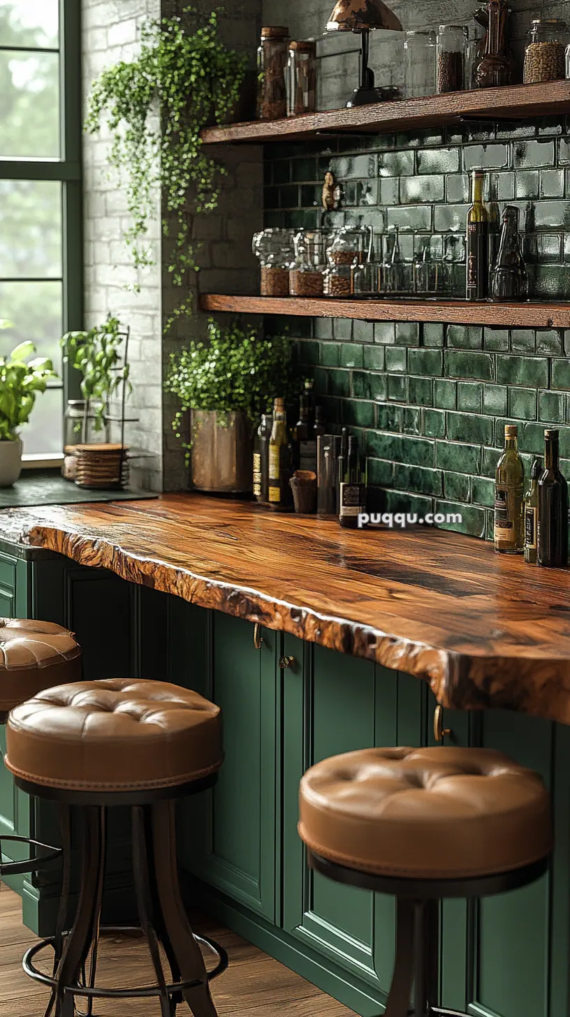 Cozy kitchen with green cabinets, wooden live-edge countertop, brown leather stools, green tiled backsplash, and shelves with bottles and plants.