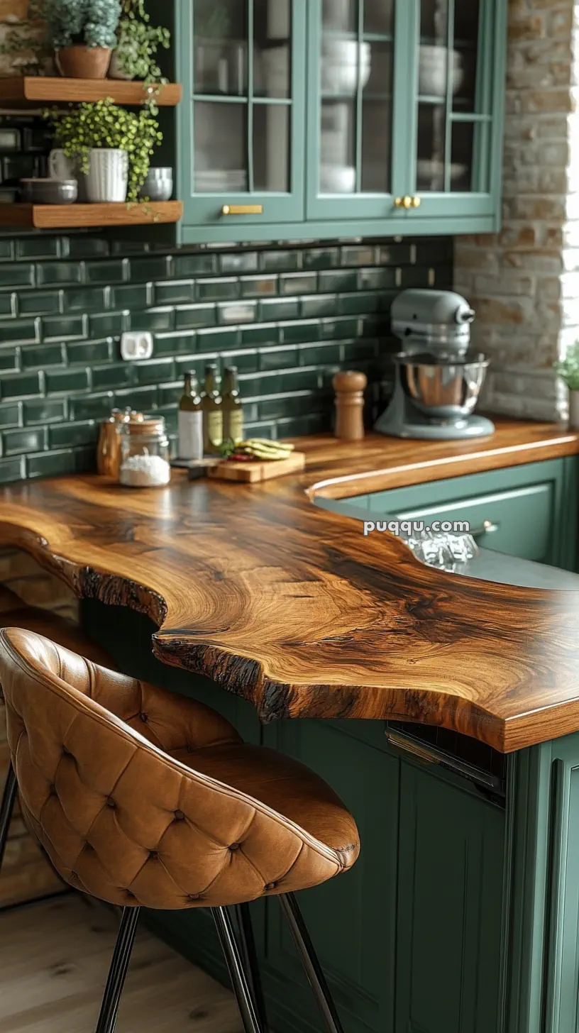 Rustic kitchen interior with a live edge wooden countertop, tufted leather chair, green cabinets, and dark green tiled backsplash.