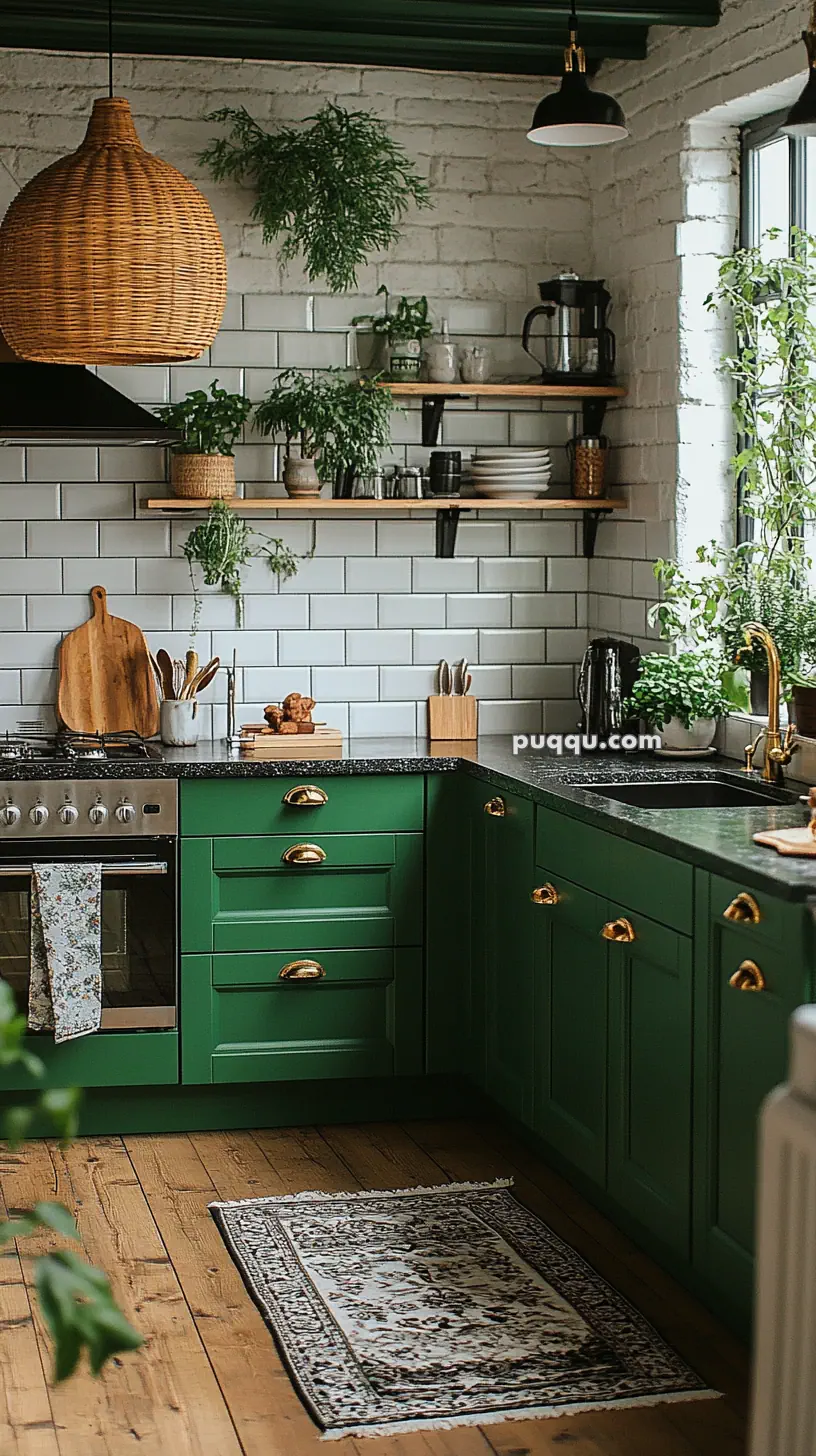 Cozy kitchen with green cabinets, wooden countertops, a wicker pendant light, and white subway tiles. Greenery and kitchenware decorate open shelves, and a patterned rug lies on the wooden floor.